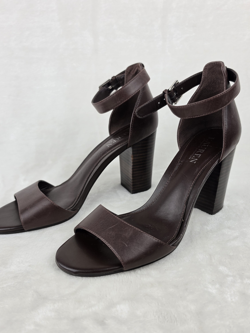 Lauren Ralph Lauren Ankle Strap Sandals Womens 9B Brown Leather Block Heel - Picture 4 of 8
